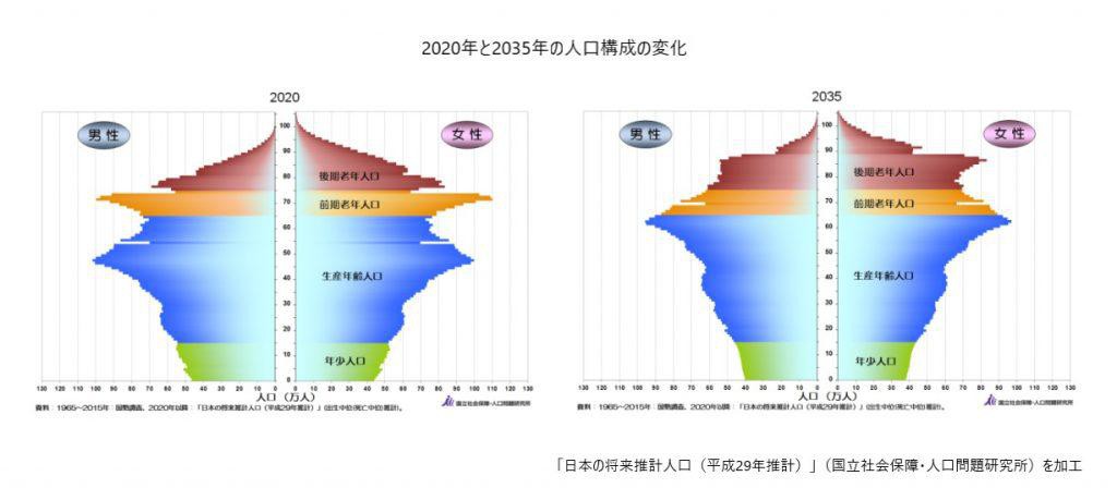 2020年と2035年の人口ピラミッド